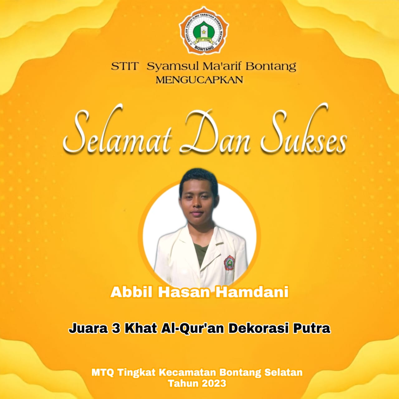 Juara III Khat Al-Qur;an Dekorasi  Putra MTQ Tingkat Kecamatan  Bontang Selatan Tahun 2023